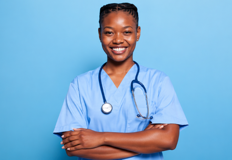 A smiling Fleur de Rocaille nurse with folded arms against a blue background