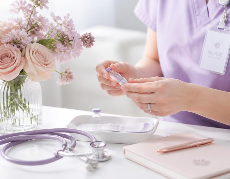 A nurse carefully preparing medication beside soft pink flowers