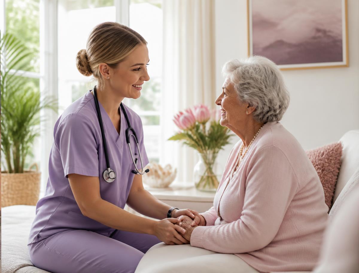 A Fleur de Rocaille nurse holding hands with an elderly patient at home